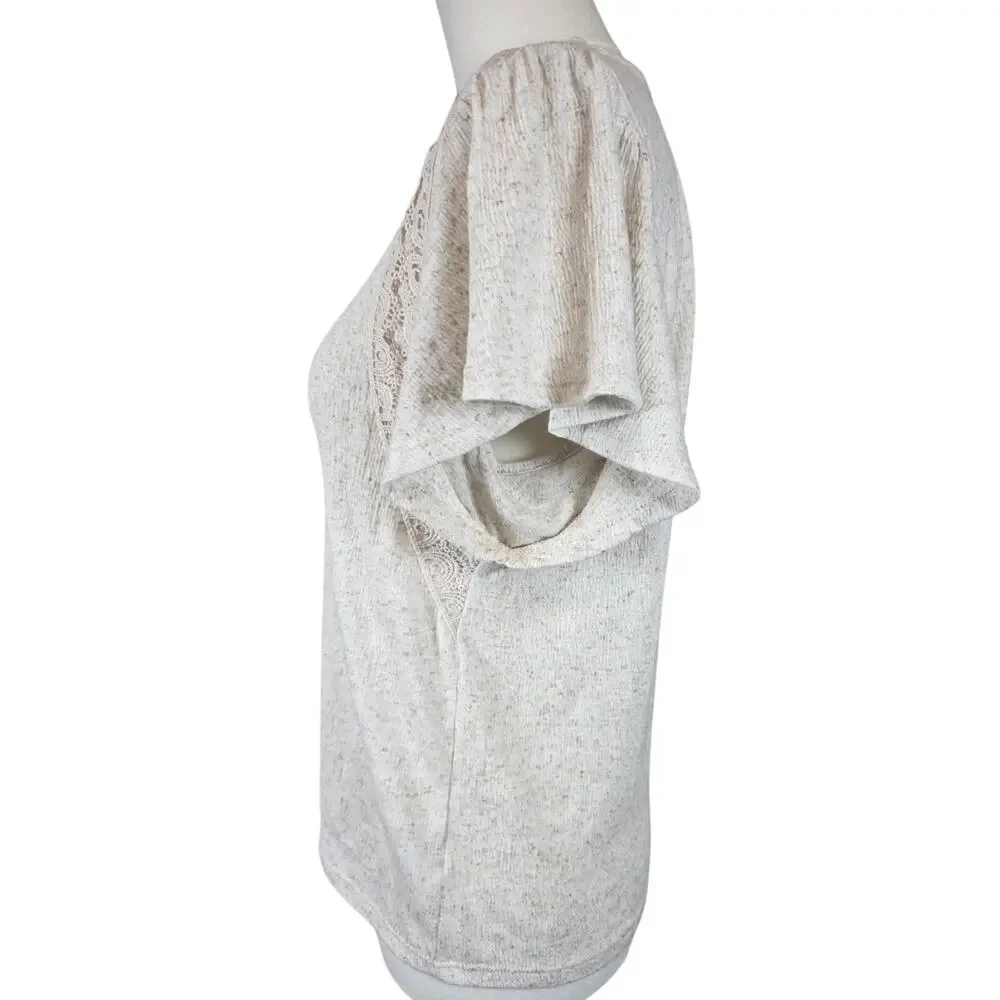 Fred David Cream Crepe Blouse w/Ruffle Short Sleeve & Crochet Detail